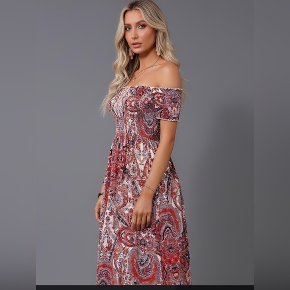 Boho Paisley Off Shoulder Split Thigh Dress - Picture 2 of 6
